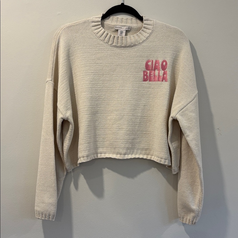 Sincerely Jules Cream Cropped Sweater Pink Graphic Cozy Knit Pullover | Size S